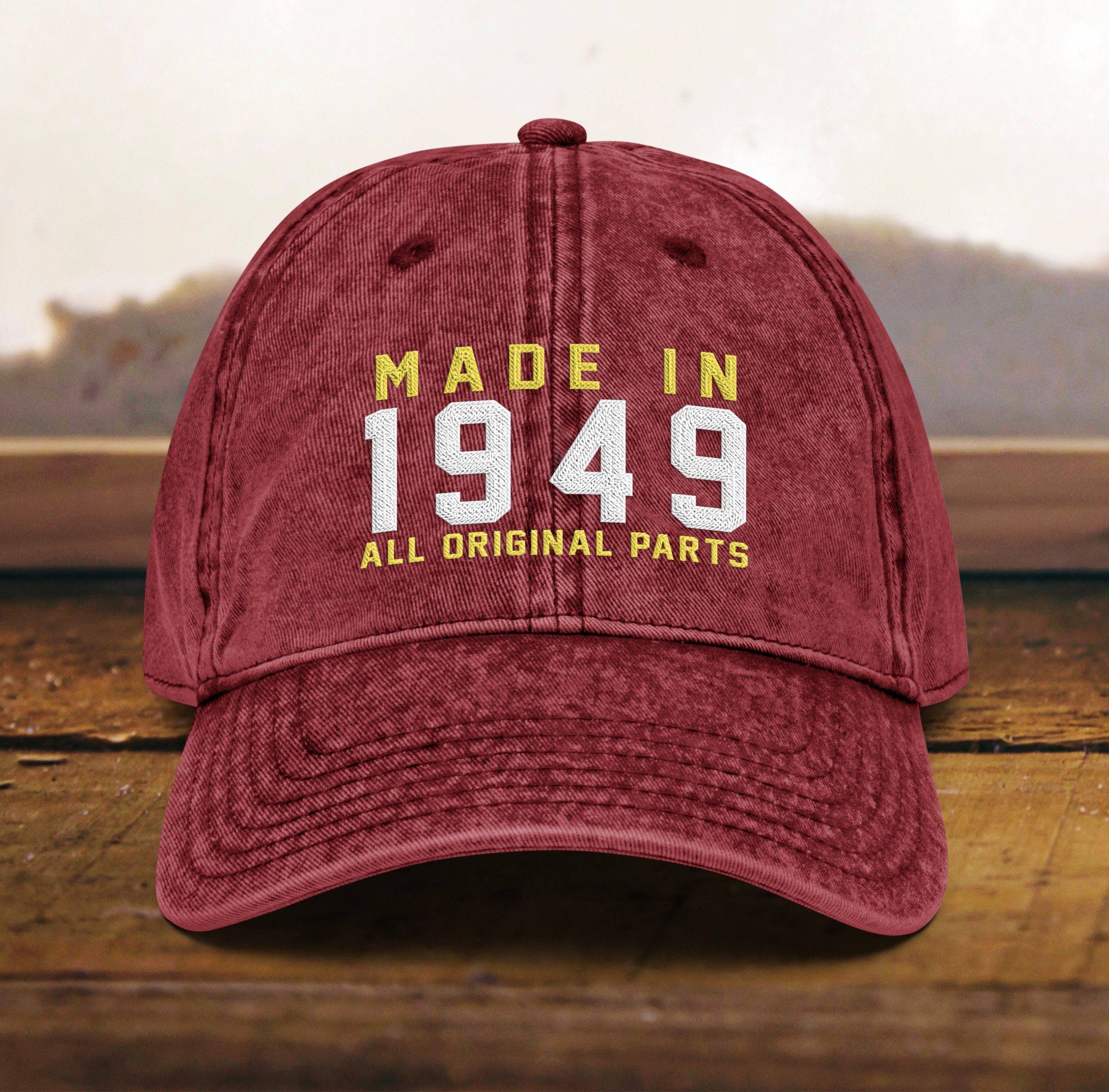 mütze zum 75. geburtstag vintage stil, bestickt, geboren 1949, baumwoll twill kappe 5478 scaled